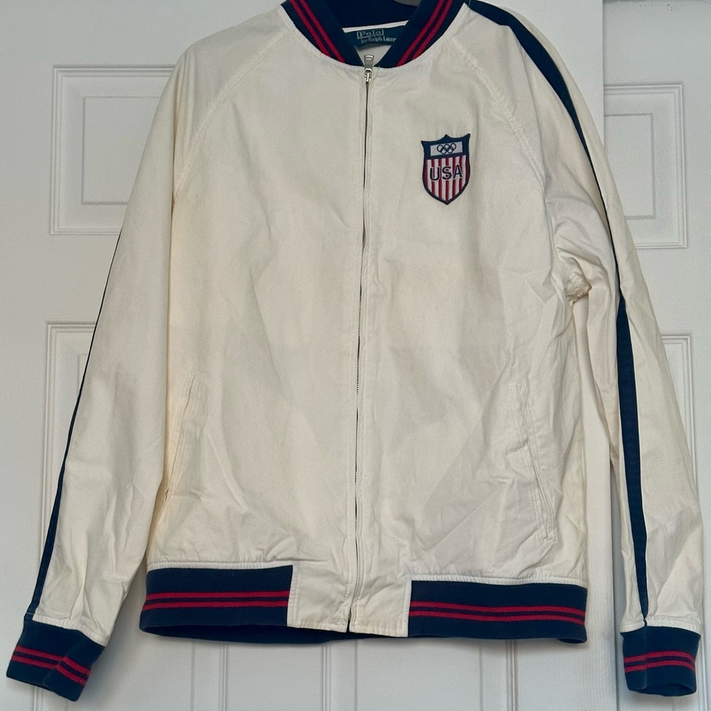 Ralph Lauren Cream Bomber Jacket with Navy and Red Accents Olympic usa